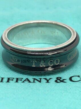 Tiffany & Co 1837 Sterling Silver Black Titanium TI Wide Concave Band Ring